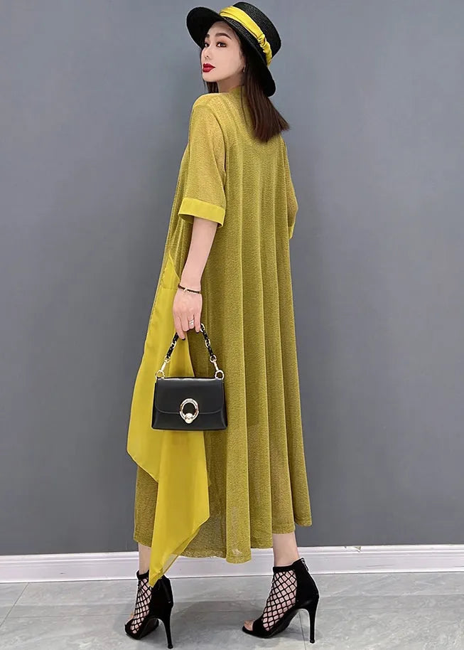 Yellow Asymmetrical Design Patchwork Loose Long Cardigans Summer