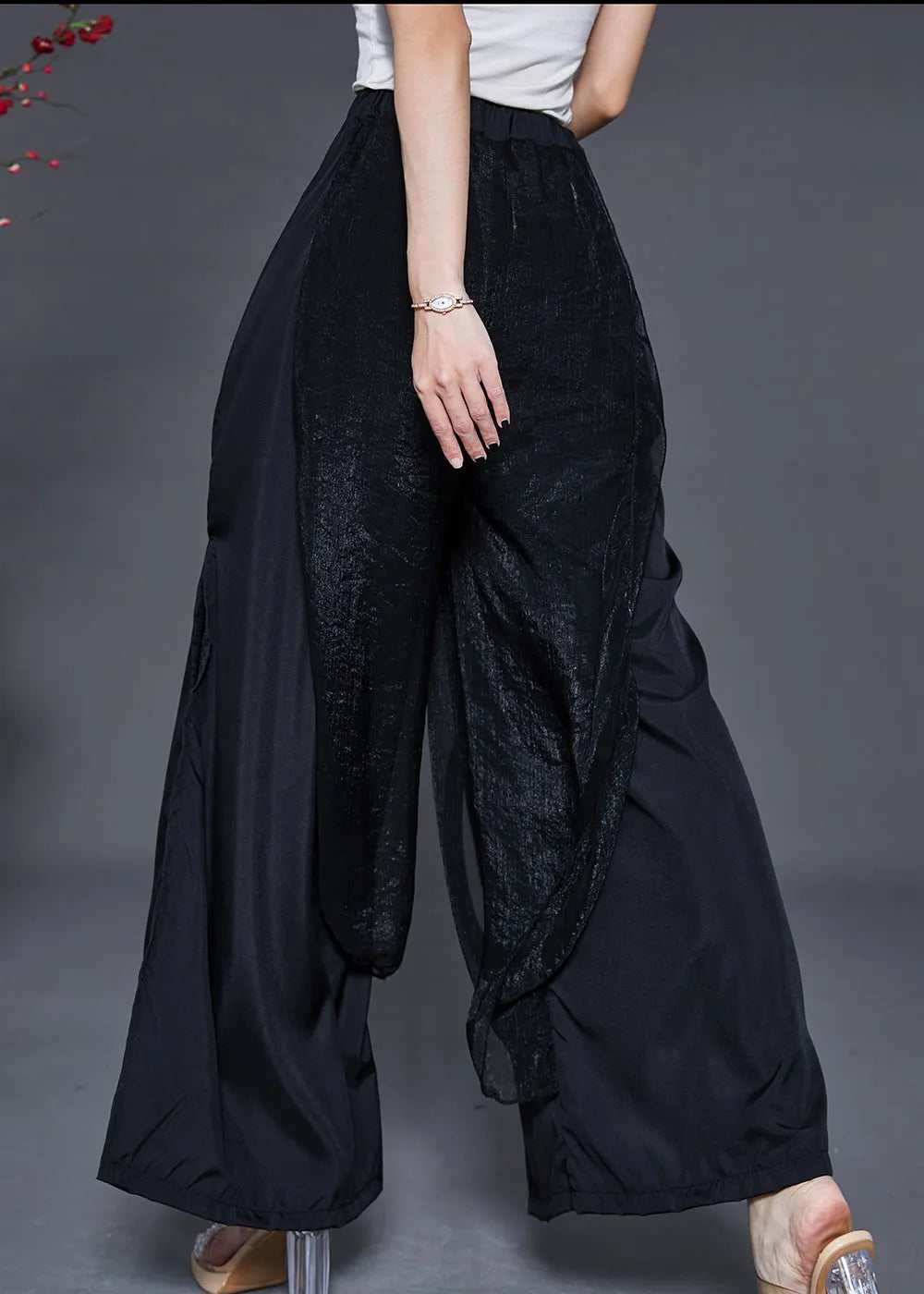 Black Side Open Chiffon Wide Leg Pants Summer