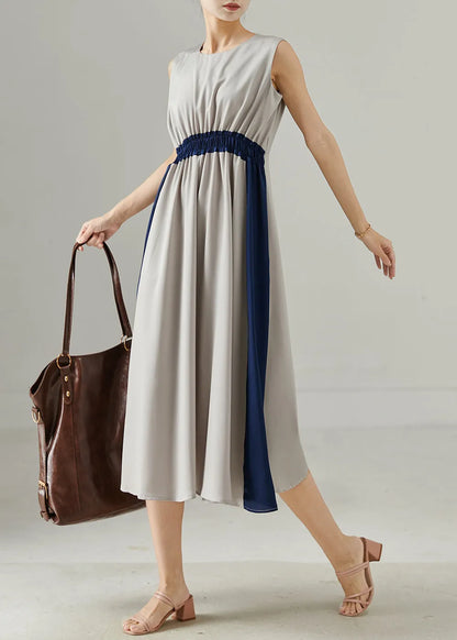 Grey Elastic Waist Patchwork Chiffon Holiday Dress Summer