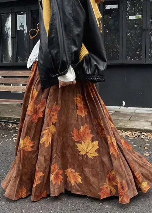 Coffee Leaves Print High Waist Cotton Skirt Fall