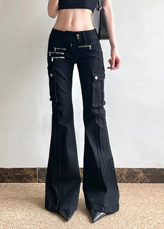 Black Zippered Pockets Patchwork High Waist Denim Flared Trousers