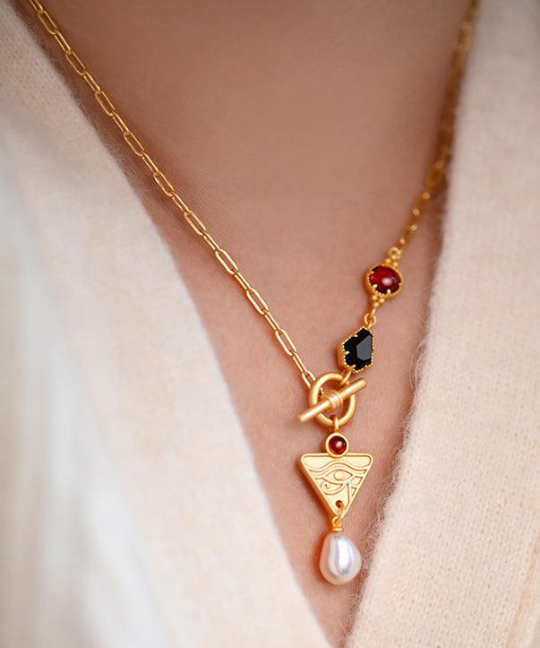 Modern Pearl Black Onyx Red Garnet Chain 14k Gold Necklace