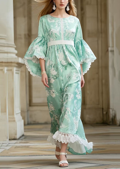 Light Green Print Tunic Patchwork Lace Party Dress Flare Sleeve