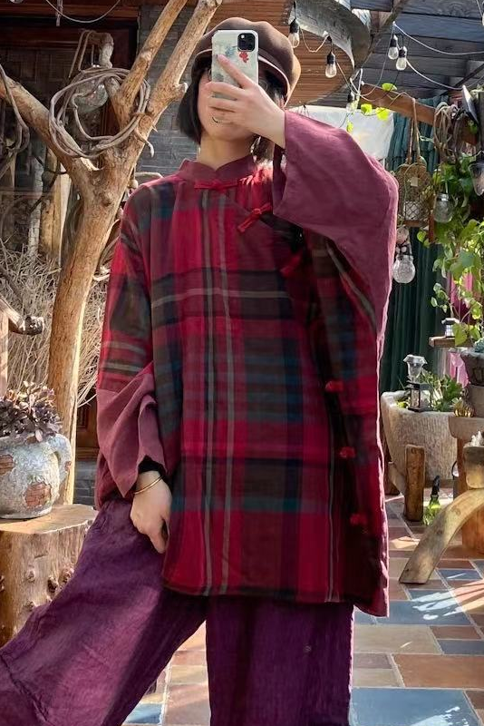 -retro Loose Cotton Linen Red Plaid Open Slant Tops