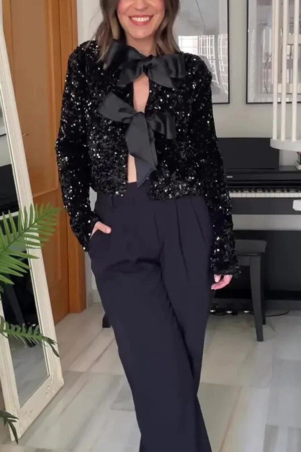 Two Ways to Celebrate Tie-front Bow Sequined Jacket