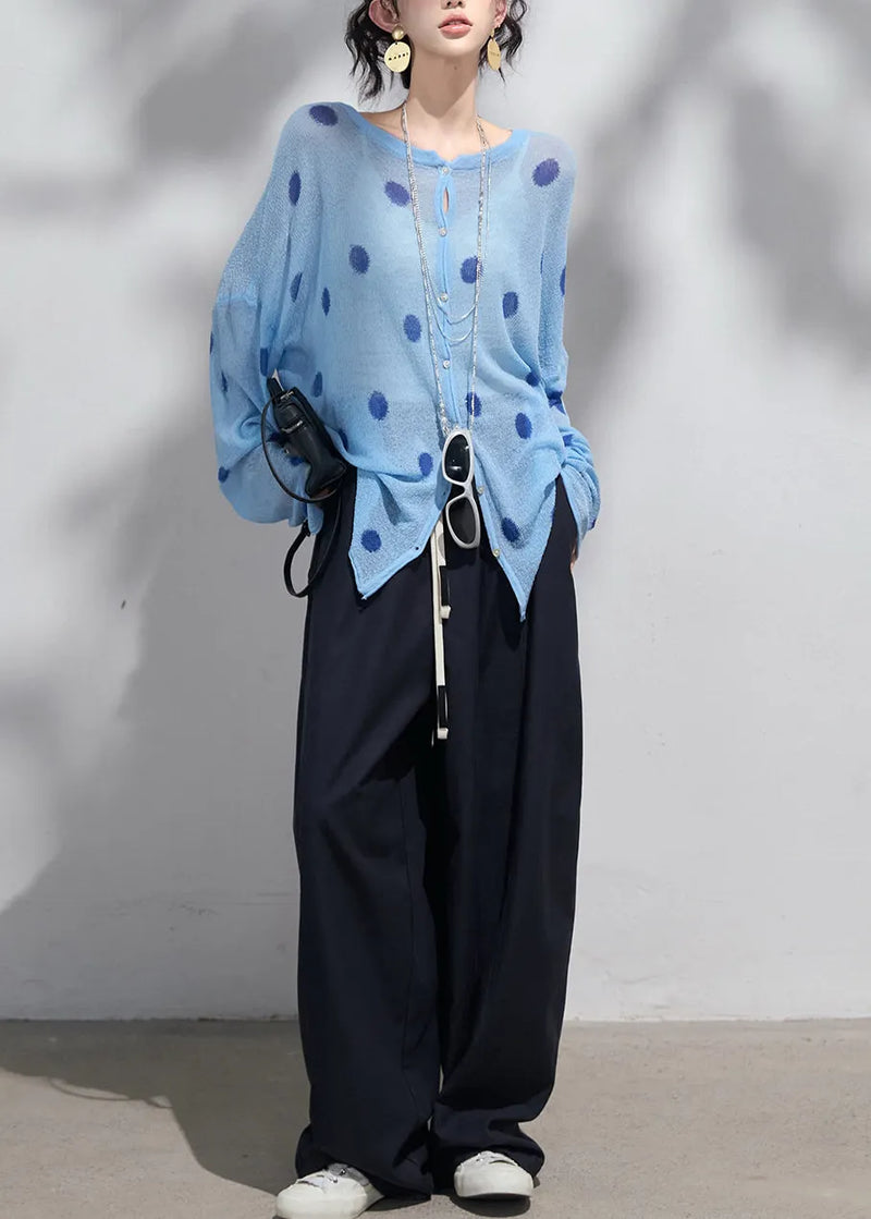 Classy Blue Oversized Print Knit Upf 50+cardigans Spring