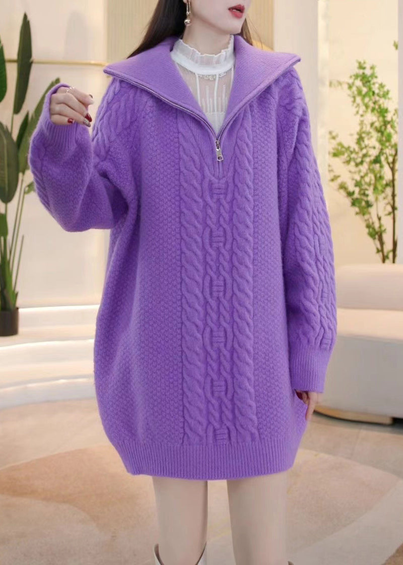 Purple Zip Up Cozy Knit Sweaters Winter