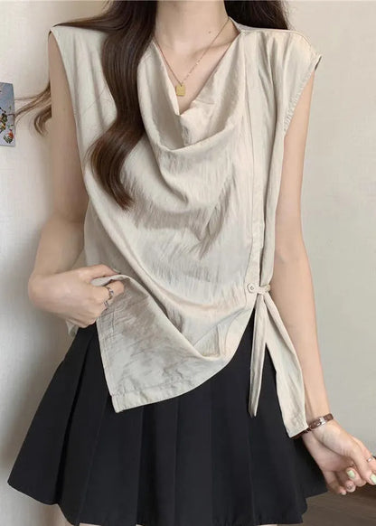 Handmade Khaki Asymmetrical Tunic Button Shirt Summer