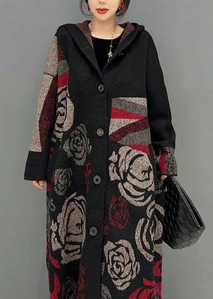 Black Hooded Rose Print Loose Knit Cardigans Spring