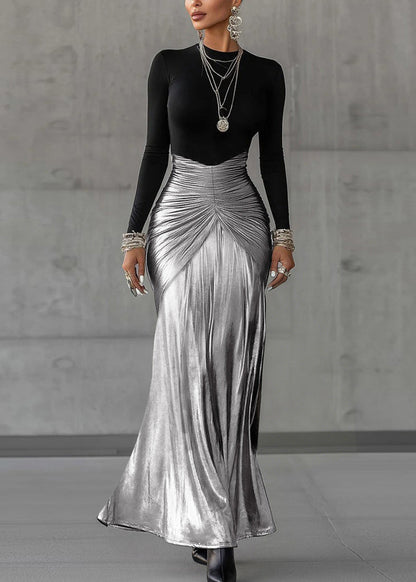 Slim Fit Black Wrinkled Patchwork Long Dresses Spring