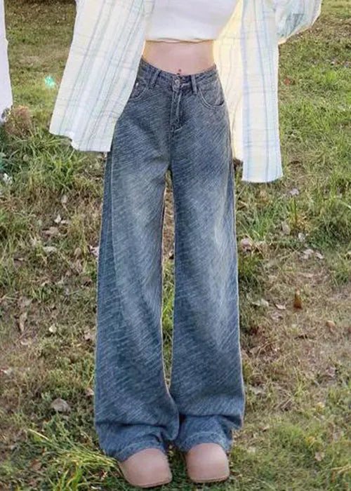 Fine Blue Original Design Pockets High Waist Denim Pants Spring