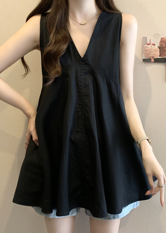 Black V Neck Patchwork Top Summer