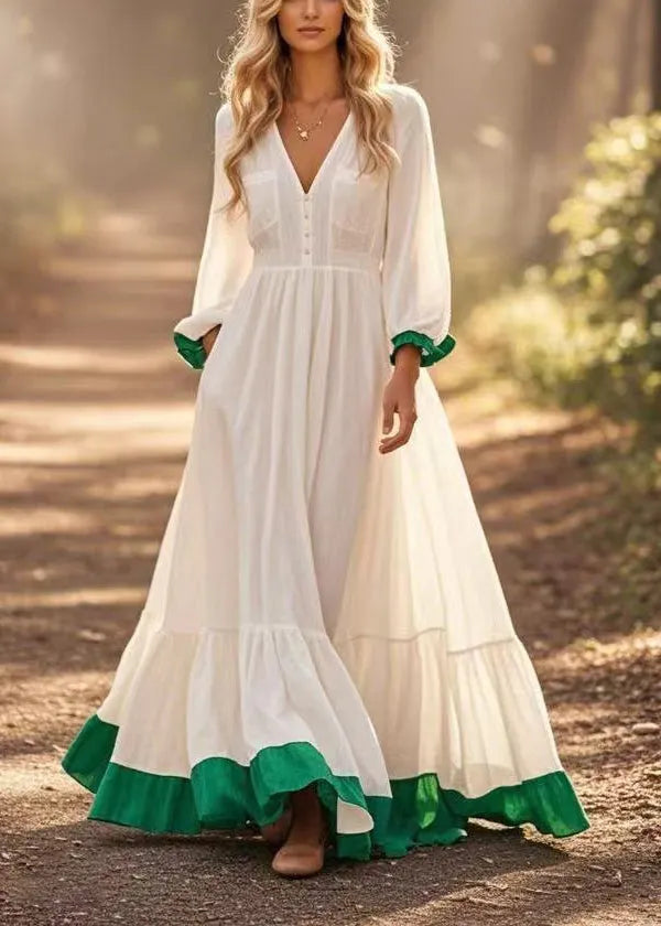 White Patchwork Exra Large Hem Cotton Long Dress Spring