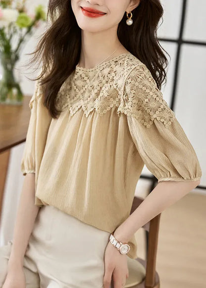 Khaki O Neck Lace Patchwork Cotton Top Lantern Sleeve