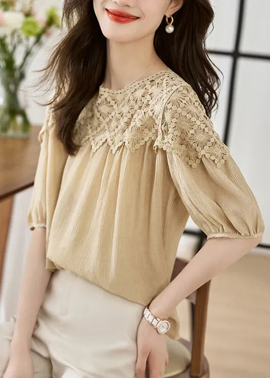 Khaki O Neck Lace Patchwork Cotton Top Lantern Sleeve
