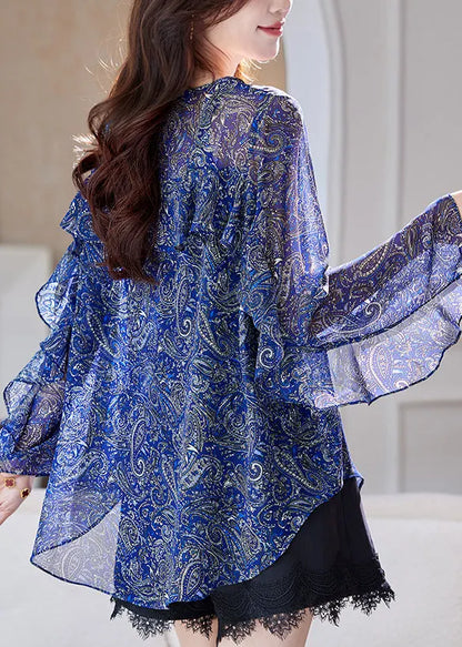 Organic Blue Print Ruffled Patchwork Chiffon Blouses Summer