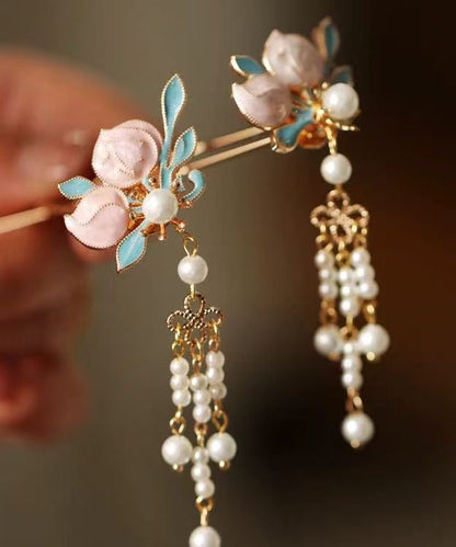 Chinese Style Multicolor Copper Alloy Pearl Drip Glaze Tassel a Pair Hairpin