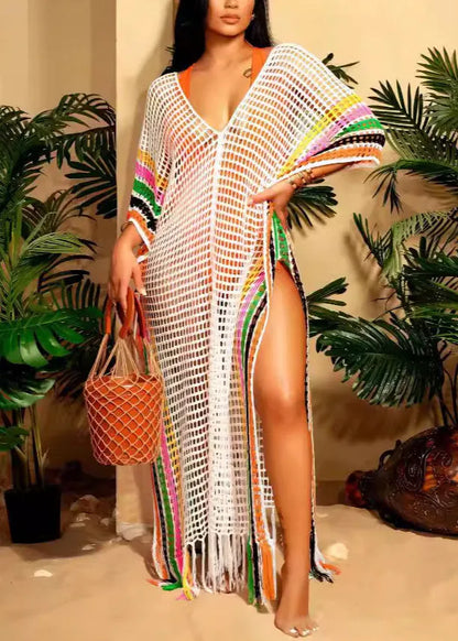 European and American White Tassel Hollow Out Knitted Dress Summer