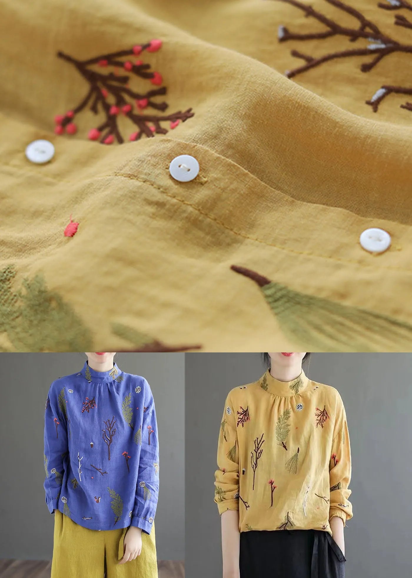 Yellow Wrinkled Embroidered Patchwork Linen Shirt Tops Spring