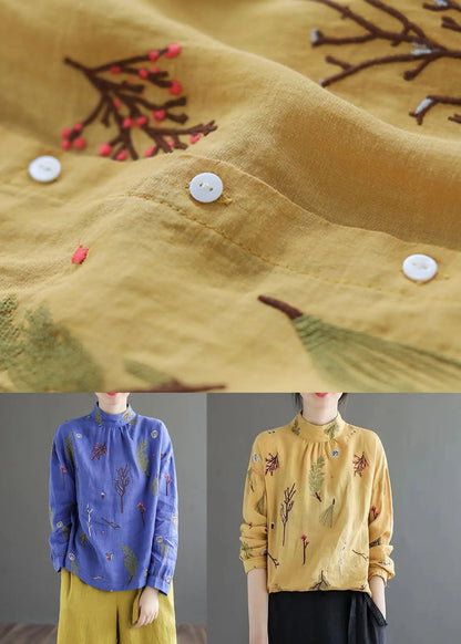 Yellow Wrinkled Embroidered Patchwork Linen Shirt Tops Spring