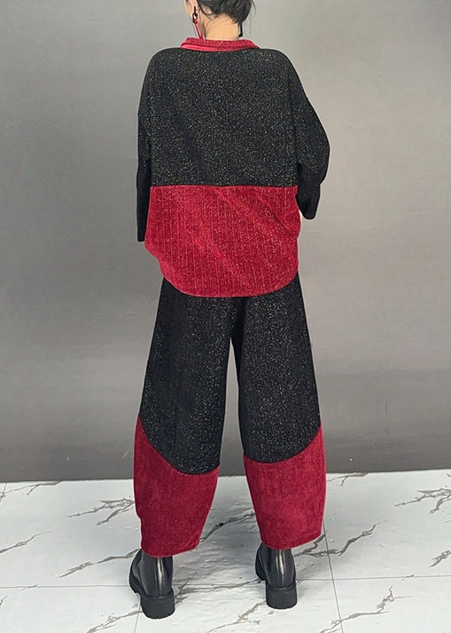 Black Patchwork Tops and Pants Cotton Two Pieces Set Fall