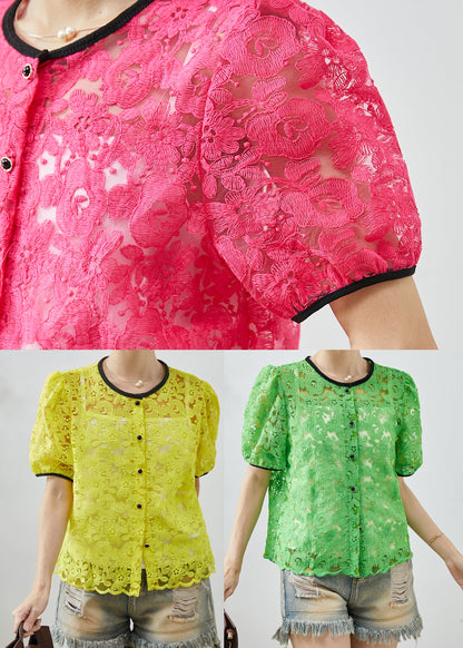 Fluorescent Yellow Embroidered Lace Blouse Top Summer