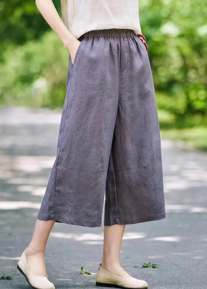 Grey Linen Summer Wide Leg Pants Elastic Waist