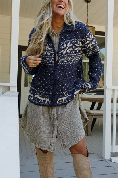 Christmas Snowflake Moose Zip Long-Sleeve Sweater