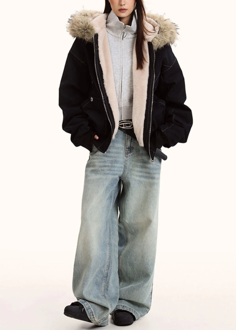 Classy Black Hooded Patchwork Warm Fleece Jacket Winter