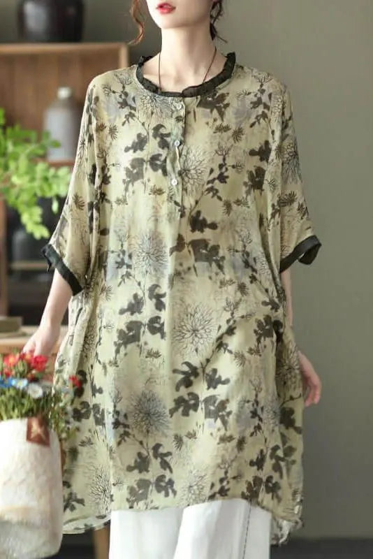 Ramie Print O-neck Loose Shirt