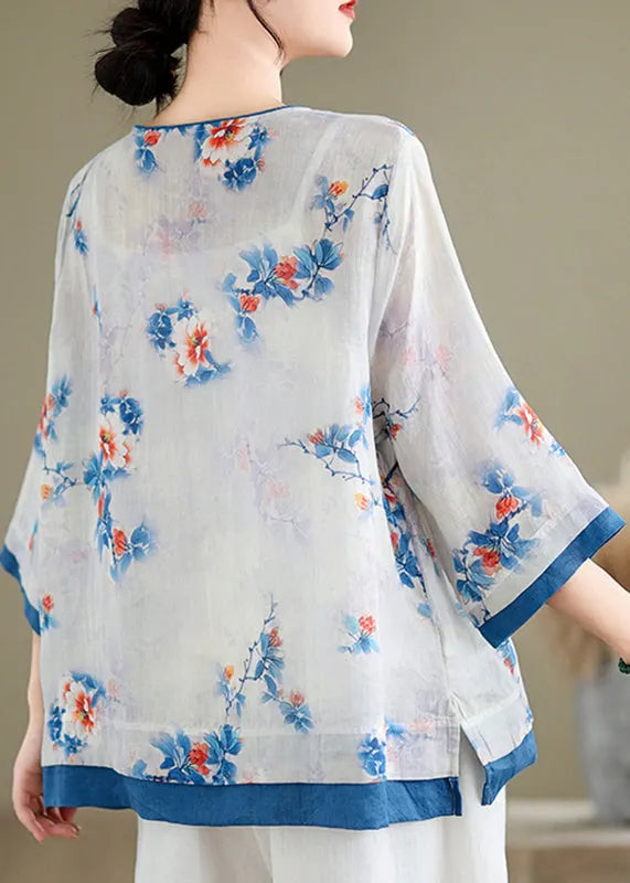 Blue O-neck Print Patchwork Shirt Long Sleeve