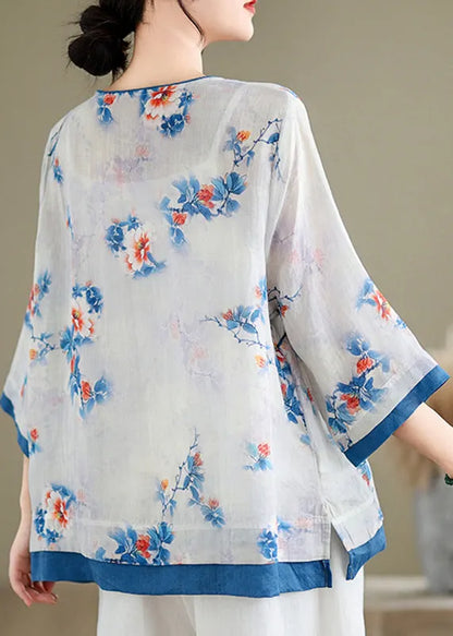 Blue O-neck Print Patchwork Shirt Long Sleeve