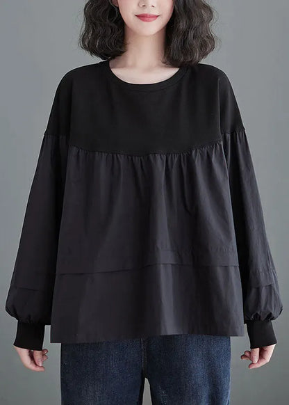 Black O Neck Patchwork Cotton Shirt Tops Spring