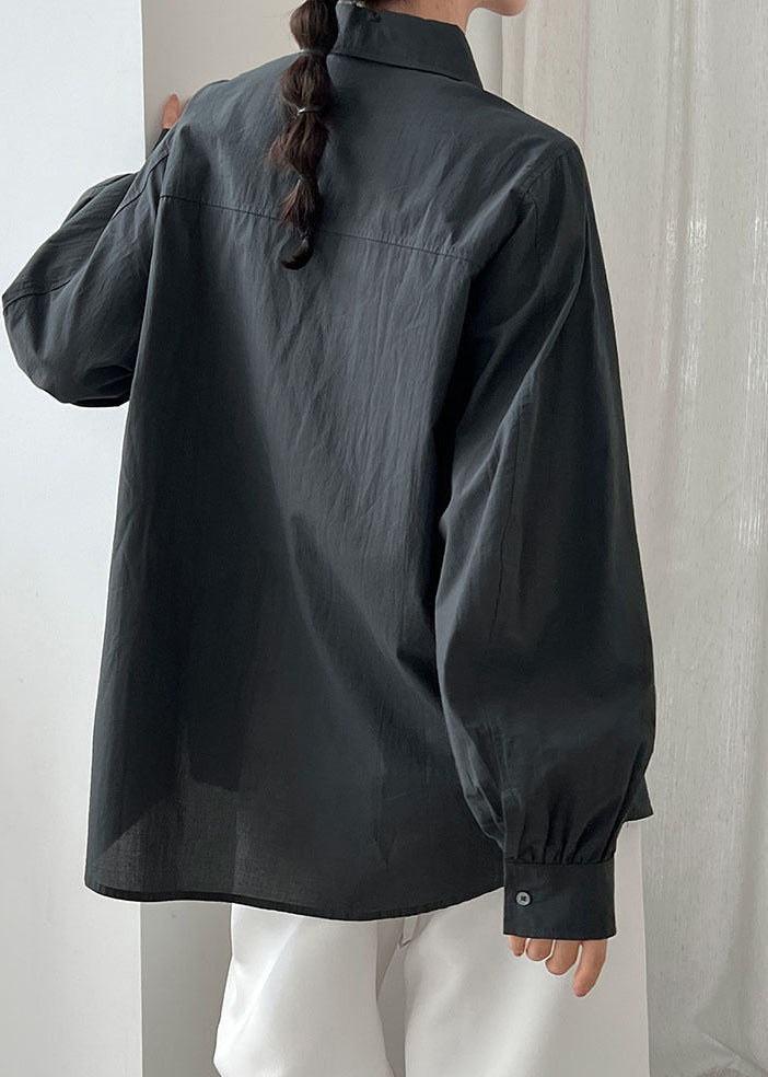 Dull Grey Cotton Loose Shirts Peter Pan Collar Spring