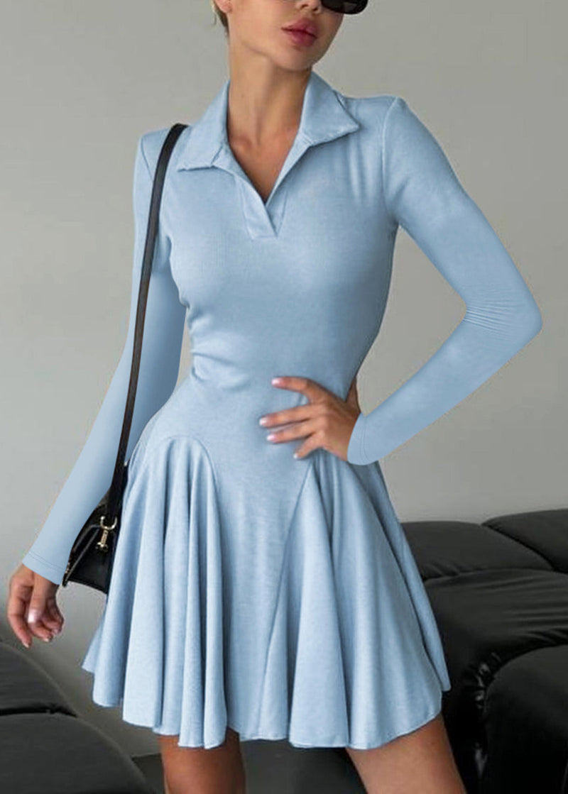 Slim Fit Blue Peter Pan Collar Wrinkled Cotton Dress Fall