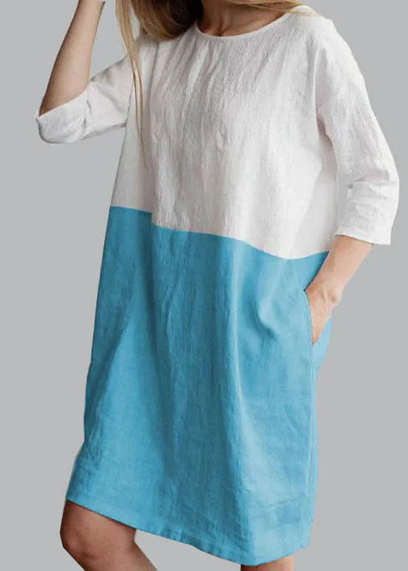 Loose Grey O Neck Patchwork Cotton Mid Dress Bracelet Sleeve