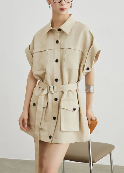 Khaki Peter Pan Collar Pockets Sashes Cotton T Shirts Dresses Summer