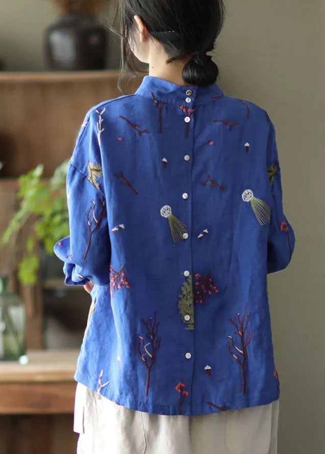 Stylish Blue Embroidered Retro Linen Blouse Tops Spring