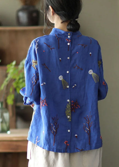 Stylish Blue Embroidered Retro Linen Blouse Tops Spring