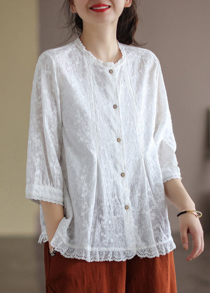 French Purple Embroidered Lace Patchwork Wrinkled Cotton Shirt Tops Bracelet Sleeve