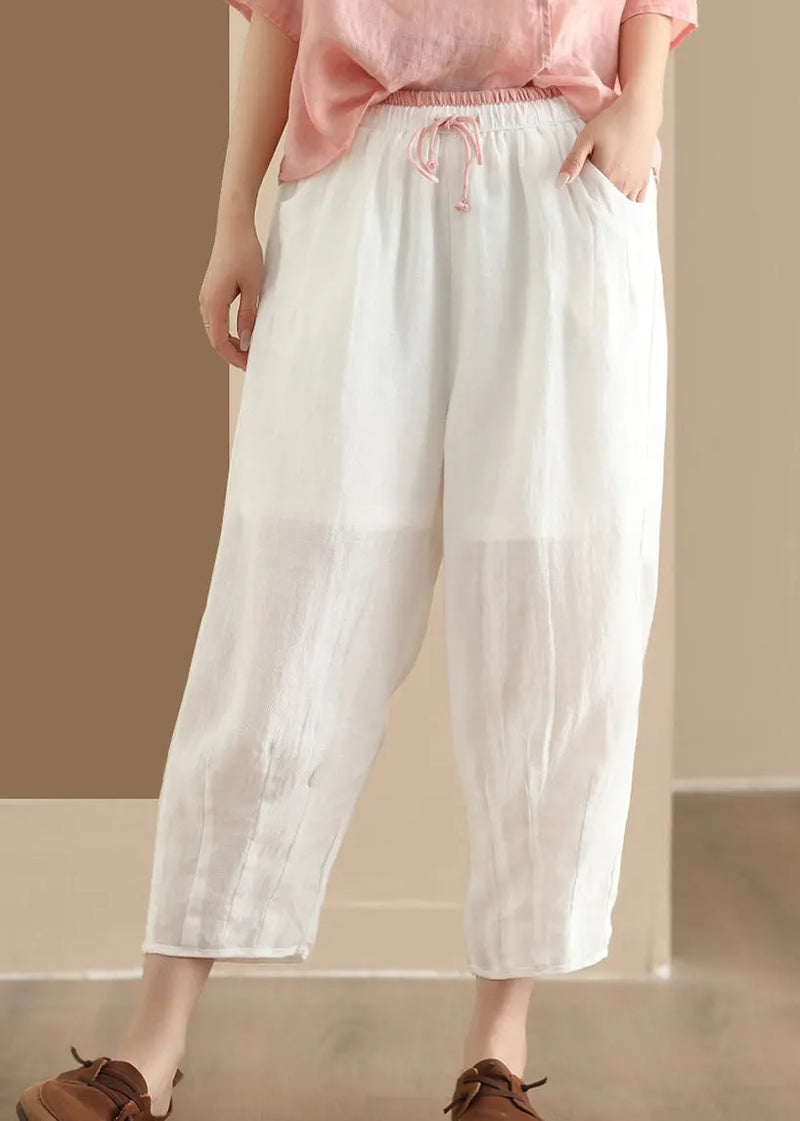Blue Pockets Elastic Waist Linen Harem Pants Summer
