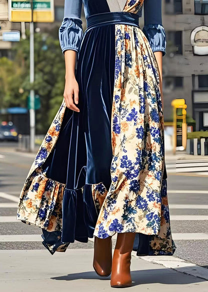 Print Patchwork Exra Large Hem Silk Velvet Long Dresses Spring
