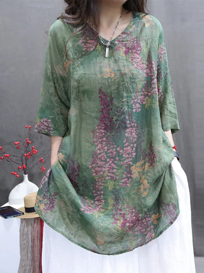 Summer Flower V-neck Ramie Long Shirt