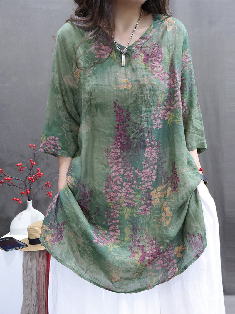 Summer Flower V-neck Ramie Long Shirt