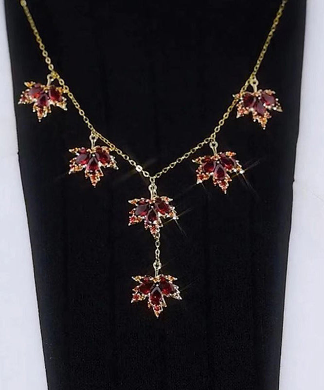 Red Copper Alloy Crystal Maple Leaves Pendant Necklace