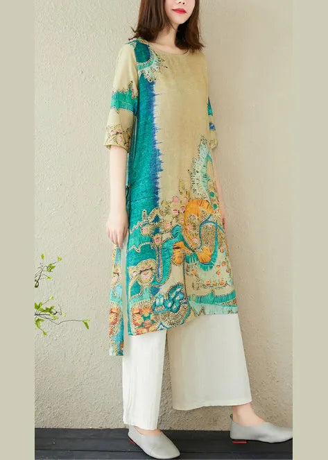 Green Oversized Print Linen Dress Summer