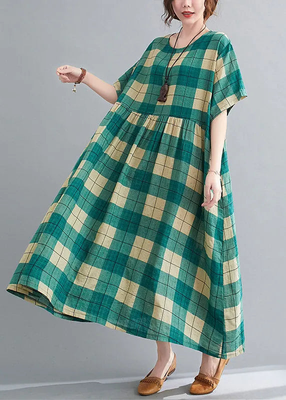 Loose Green Plaid Wrinkled Patchwork Long Dresses Summer
