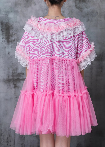 Pink Striped Patchwork Tulle Mini Dress Summer