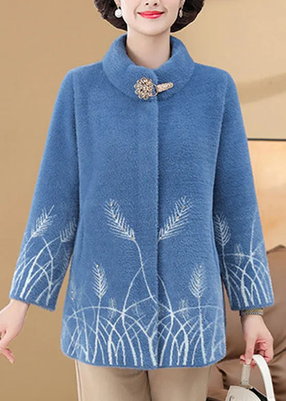 Omen Blue Print Pockets Mink Velvet Coats Spring