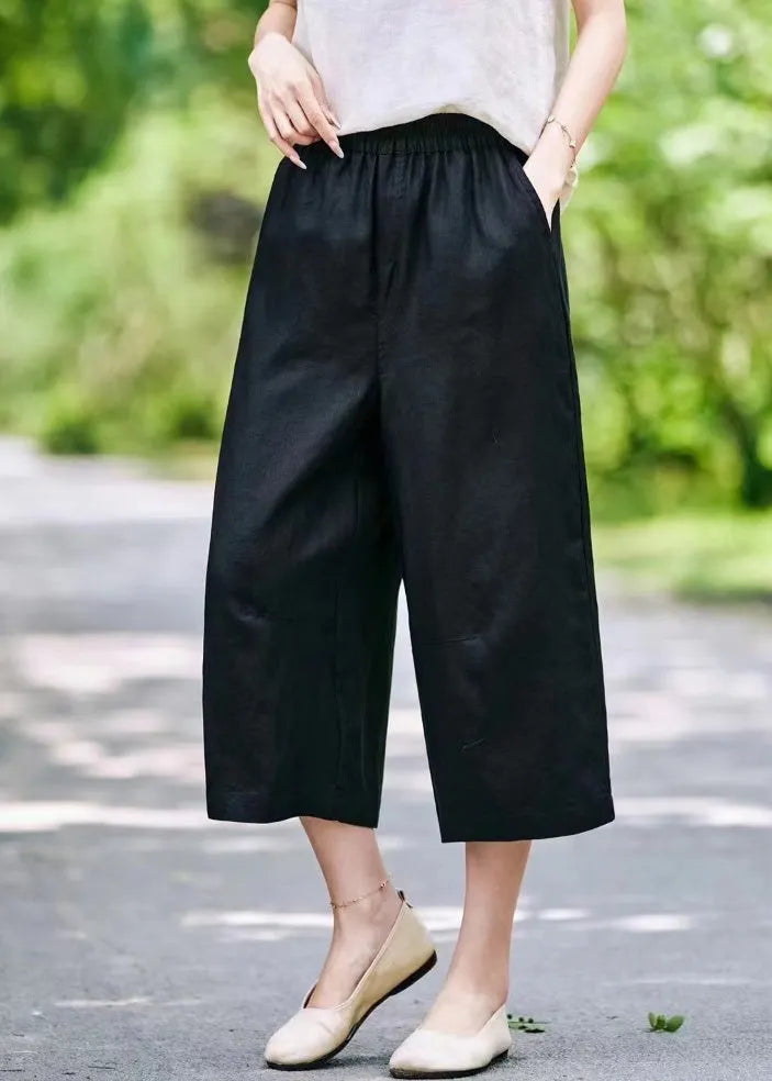 Mulberry Pockets Elastic Waist Linen Crop Pants Summer